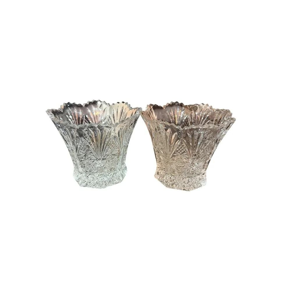 Vintage Clear Pressed Glass Rose Starburst Votive Candle Holder‎ Set of 2 Vases